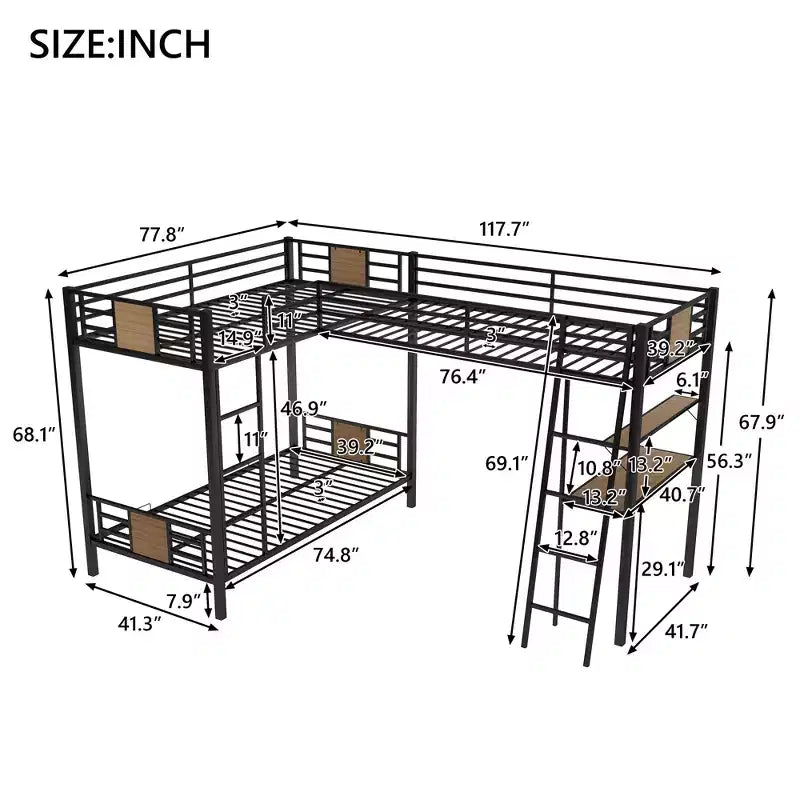 Lit superposé en L, deux lits jumeaux, avec lit mezzanine une place, bureau et étagère, marron - ModernLuxe