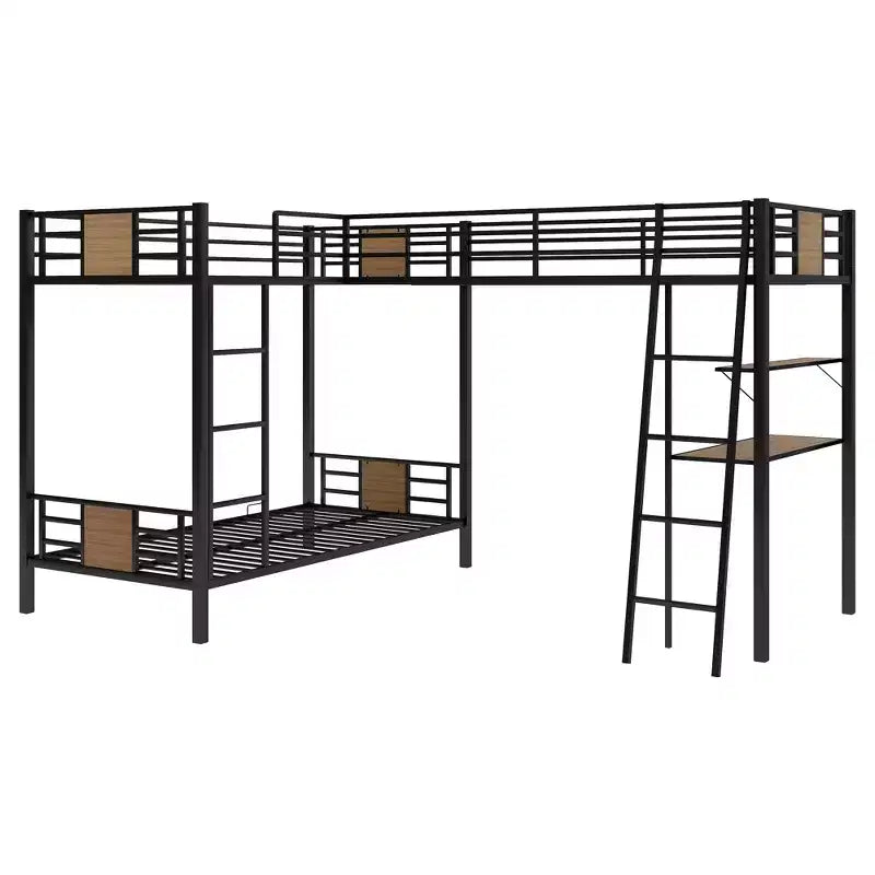 Lit superposé en L, deux lits jumeaux, avec lit mezzanine une place, bureau et étagère, marron - ModernLuxe