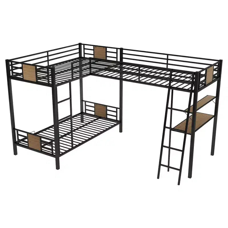 Lit superposé en L, deux lits jumeaux, avec lit mezzanine une place, bureau et étagère, marron - ModernLuxe