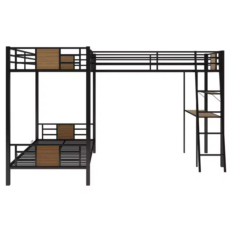 Lit superposé en L, deux lits jumeaux, avec lit mezzanine une place, bureau et étagère, marron - ModernLuxe