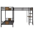 Lit superposé en L, deux lits jumeaux, avec lit mezzanine une place, bureau et étagère, marron - ModernLuxe