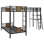 Lit superposé en L, deux lits jumeaux, avec lit mezzanine une place, bureau et étagère, marron - ModernLuxe