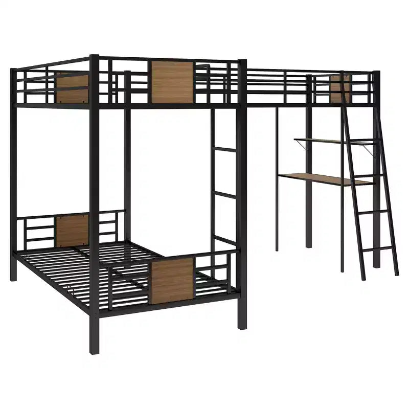 Lit superposé en L, deux lits jumeaux, avec lit mezzanine une place, bureau et étagère, marron - ModernLuxe