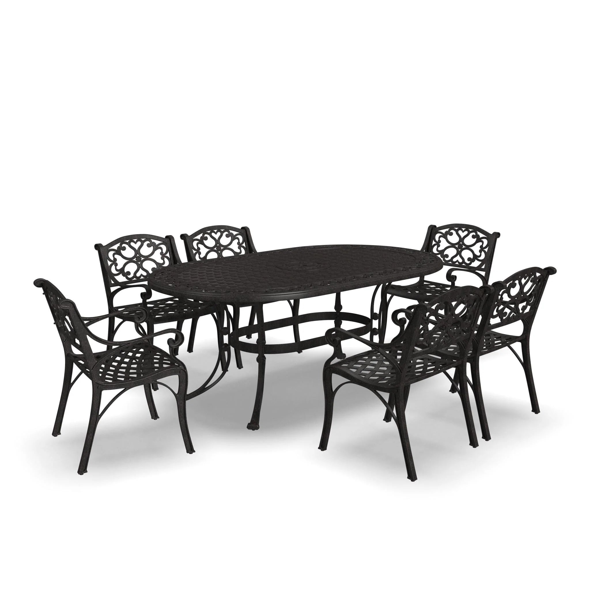 Ensemble de salle à manger d'extérieur 7 pièces en aluminium bronze Sanibel avec table à manger ovale de 72 et six fauteuils par Homestyles