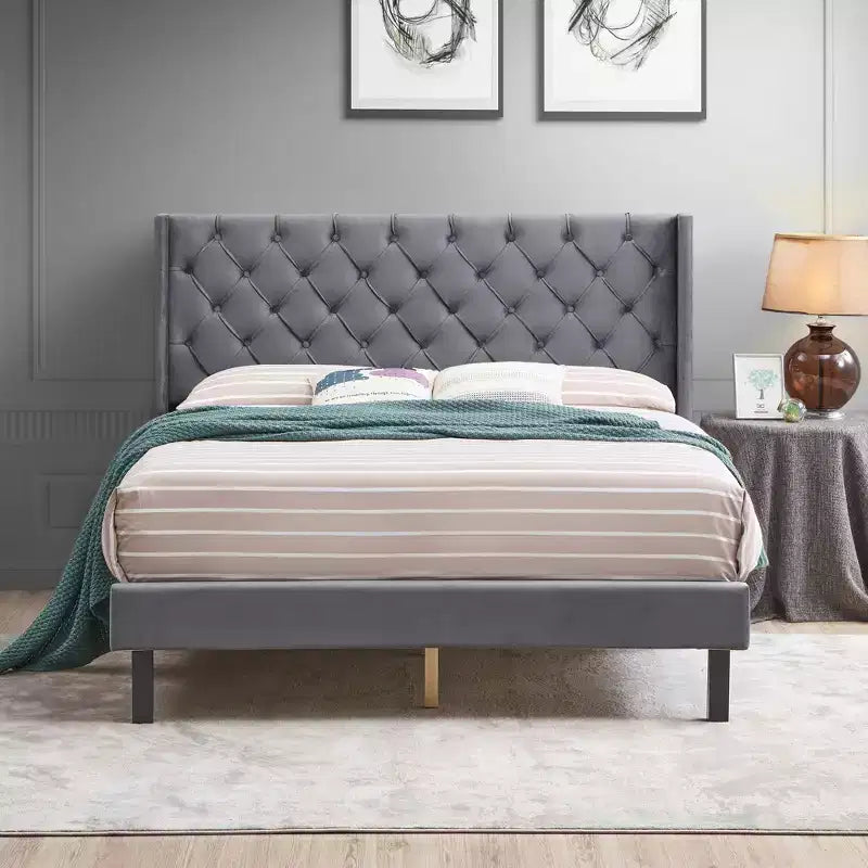Lit plateforme capitonné en velours capitonné Queen Size, Gris - ModernLuxe