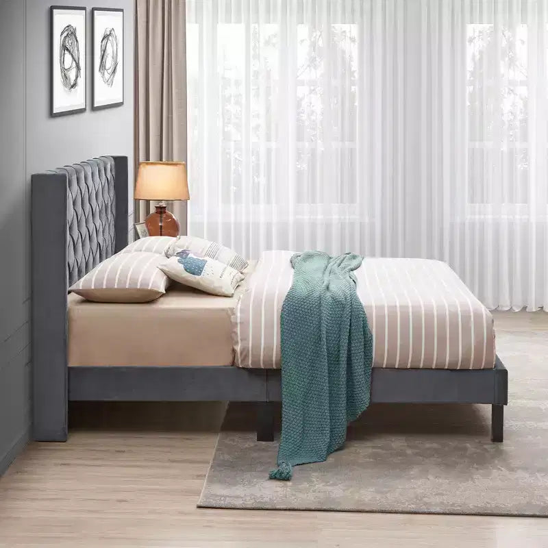 Lit plateforme capitonné en velours capitonné Queen Size, Gris - ModernLuxe