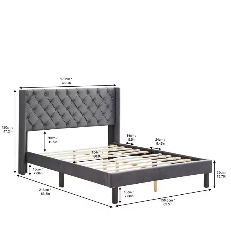 Lit plateforme capitonné en velours capitonné Queen Size, Gris - ModernLuxe