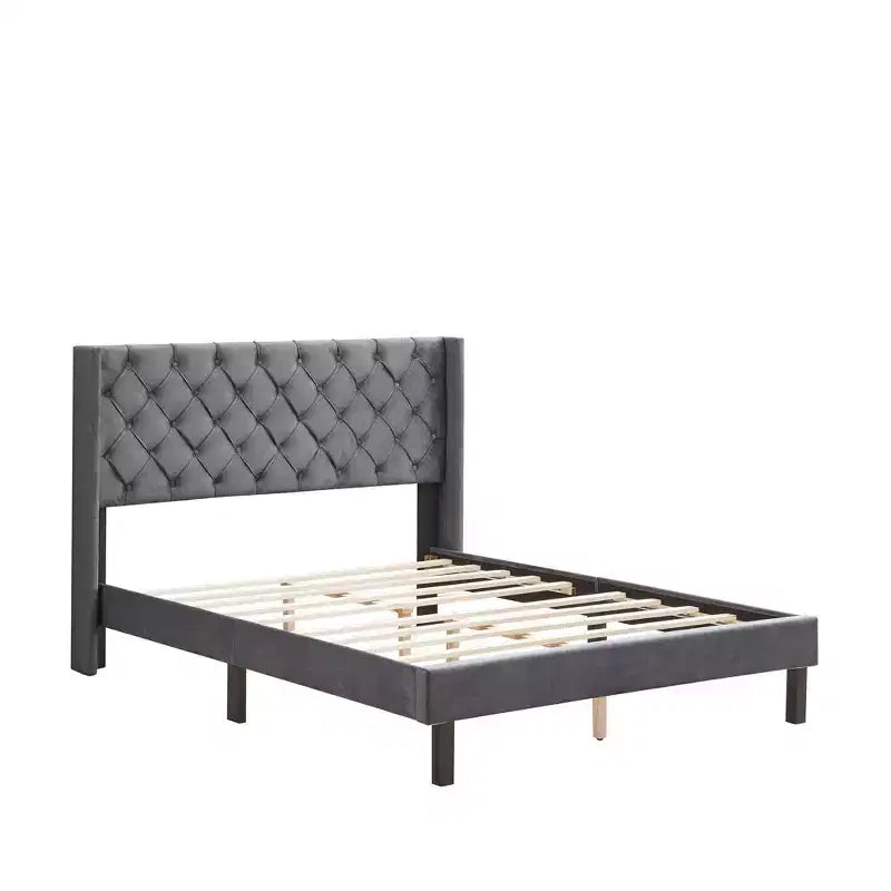 Lit plateforme capitonné en velours capitonné Queen Size, Gris - ModernLuxe