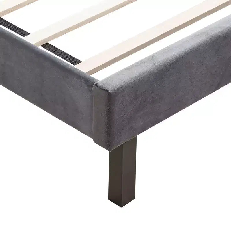 Lit plateforme capitonné en velours capitonné Queen Size, Gris - ModernLuxe