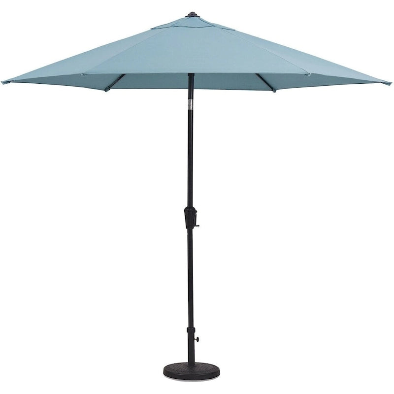 Ensemble de salle à manger Hanover Lavallette 5 pièces bleu océan avec 4 chaises fixes, une table ronde en verre de 52 pouces, un parasol et une base