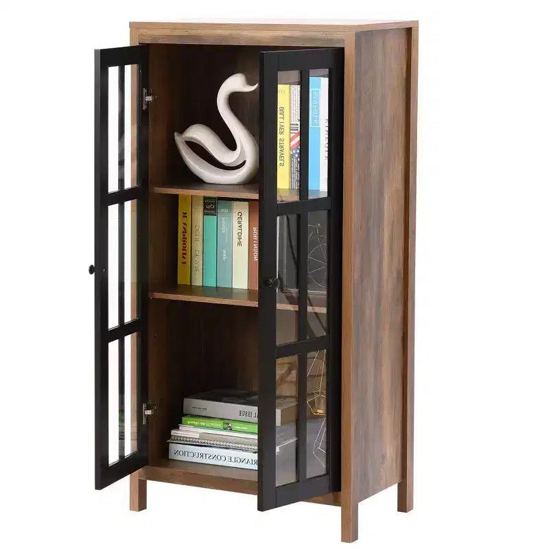 LuxenHome 47.2 Armoire de rangement de style campagnard avec portes en verre, Grand garde-manger, Vitrine en verre Marron, Noir