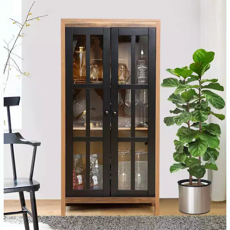 LuxenHome 47.2 Armoire de rangement de style campagnard avec portes en verre, Grand garde-manger, Vitrine en verre Marron, Noir