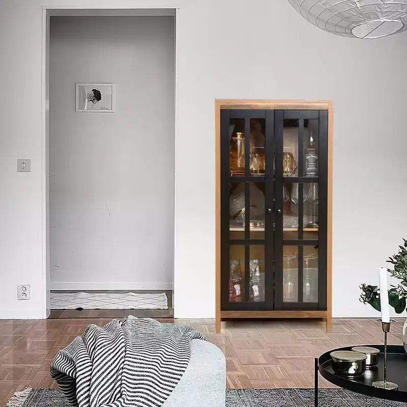 LuxenHome 47.2 Armoire de rangement de style campagnard avec portes en verre, Grand garde-manger, Vitrine en verre Marron, Noir