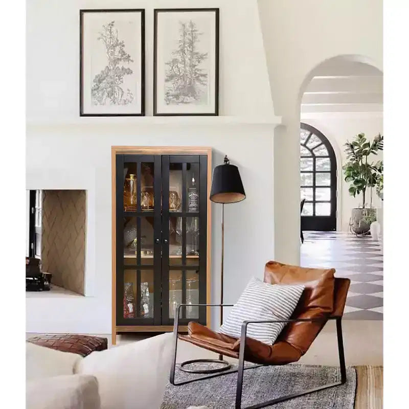 LuxenHome 47.2 Armoire de rangement de style campagnard avec portes en verre, Grand garde-manger, Vitrine en verre Marron, Noir