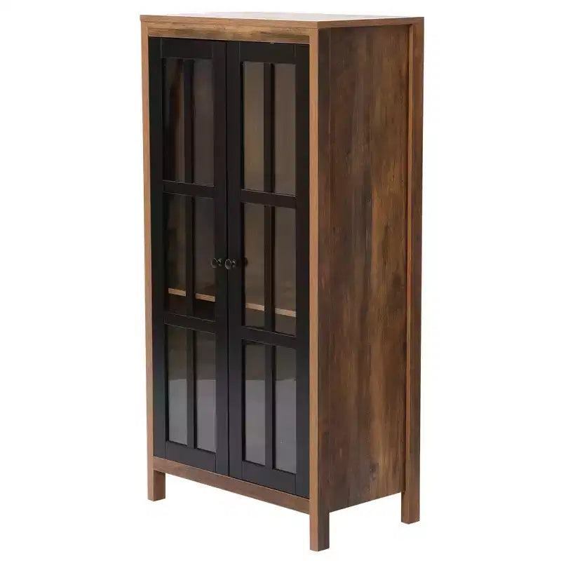 LuxenHome 47.2 Armoire de rangement de style campagnard avec portes en verre, Grand garde-manger, Vitrine en verre Marron, Noir