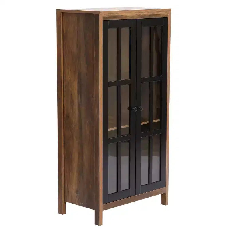 LuxenHome 47.2 Armoire de rangement de style campagnard avec portes en verre, Grand garde-manger, Vitrine en verre Marron, Noir