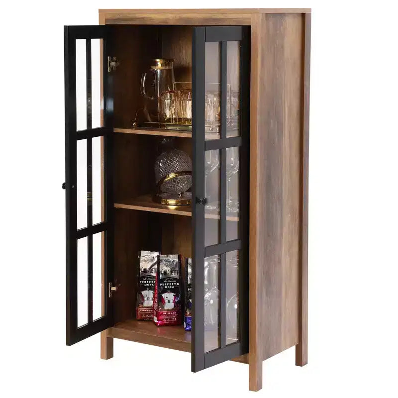 LuxenHome 47.2 Armoire de rangement de style campagnard avec portes en verre, Grand garde-manger, Vitrine en verre Marron, Noir
