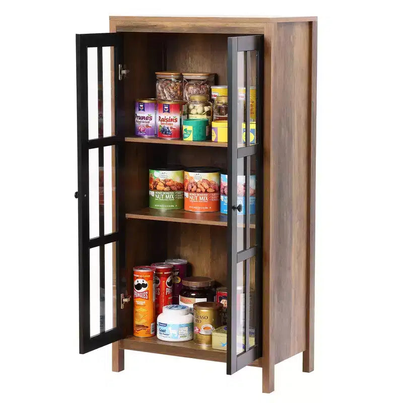 LuxenHome 47.2 Armoire de rangement de style campagnard avec portes en verre, Grand garde-manger, Vitrine en verre Marron, Noir