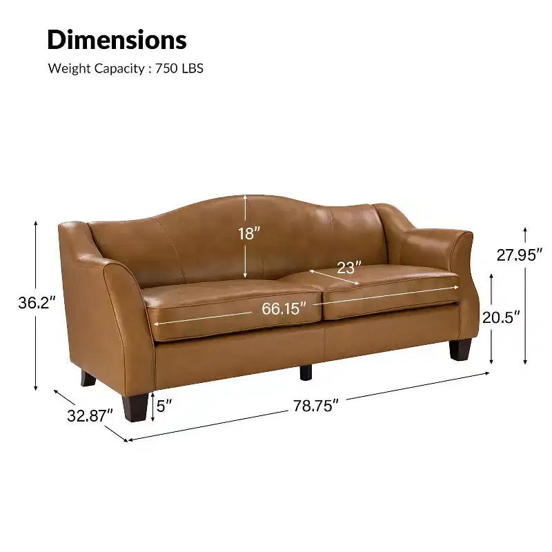Canapé Bruno en cuir véritable 78,75 po de large avec pieds fuselés en bois massif|ART OF LIVING DESIGNS