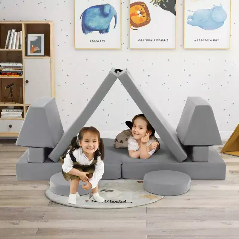 Costway Canapé de jeu 10 pièces pour enfants, ensemble modulaire pliable en mousse, canapé convertible, jeux pour tout-petits Bleu/Gris/Vert