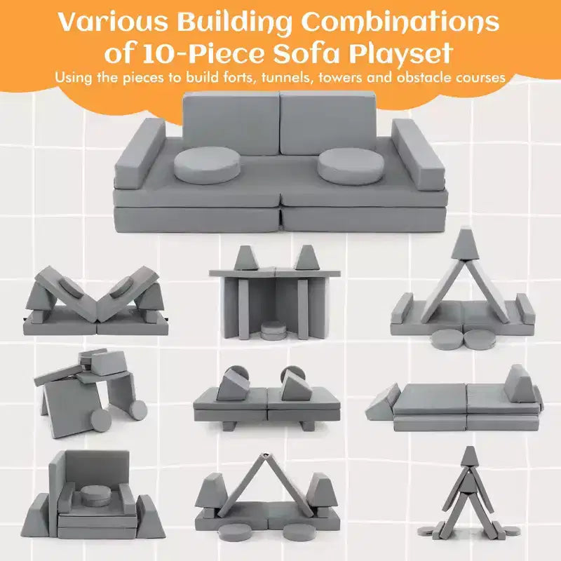 Costway Canapé de jeu 10 pièces pour enfants, ensemble modulaire pliable en mousse, canapé convertible, jeux pour tout-petits Bleu/Gris/Vert