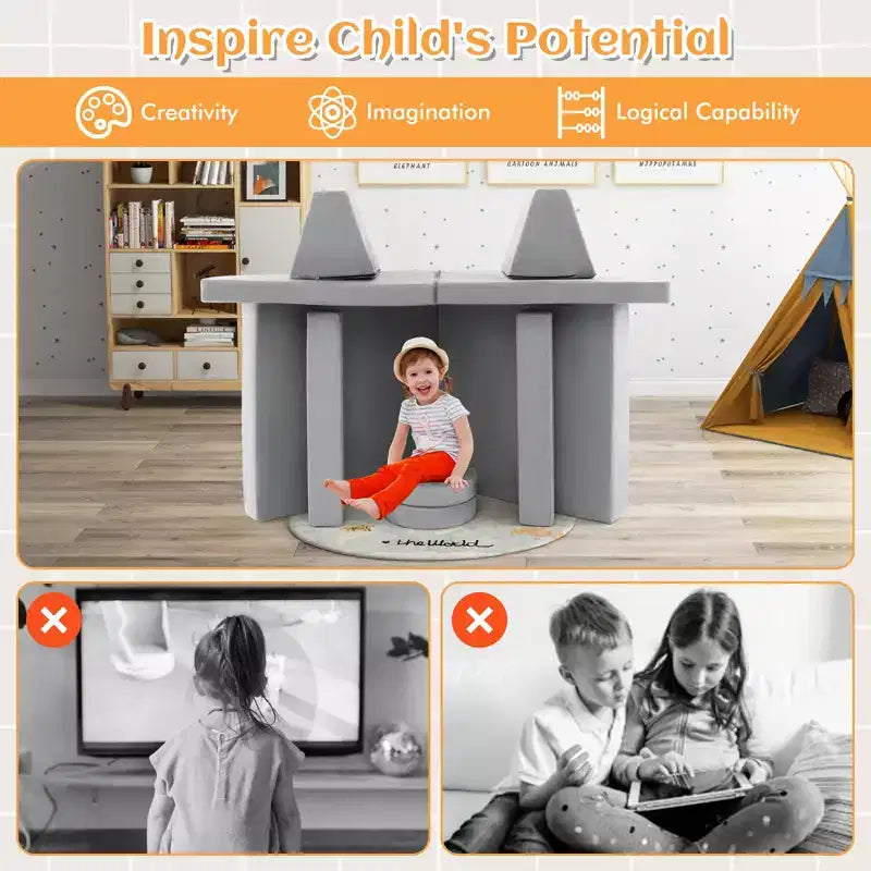 Costway Canapé de jeu 10 pièces pour enfants, ensemble modulaire pliable en mousse, canapé convertible, jeux pour tout-petits Bleu/Gris/Vert