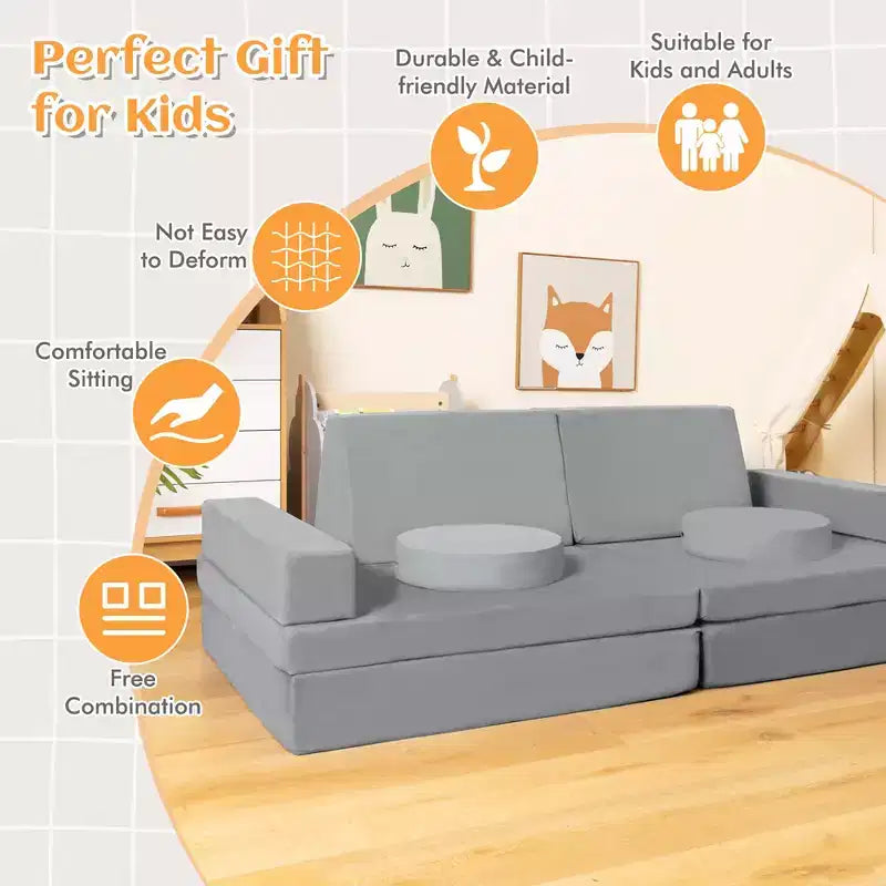 Costway Canapé de jeu 10 pièces pour enfants, ensemble modulaire pliable en mousse, canapé convertible, jeux pour tout-petits Bleu/Gris/Vert