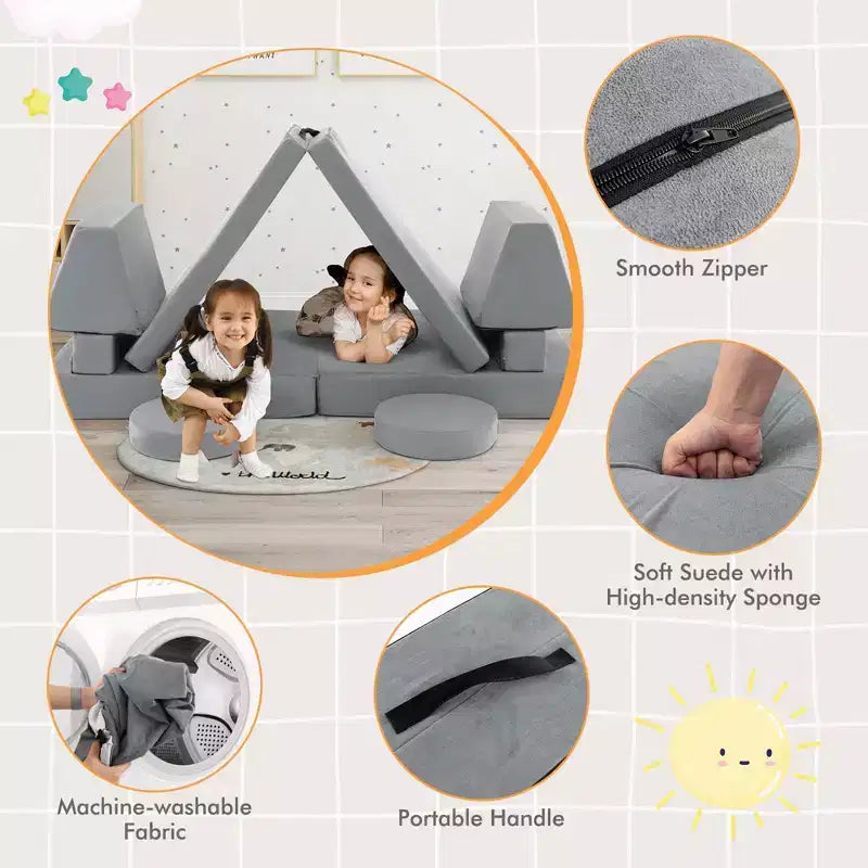 Costway Canapé de jeu 10 pièces pour enfants, ensemble modulaire pliable en mousse, canapé convertible, jeux pour tout-petits Bleu/Gris/Vert
