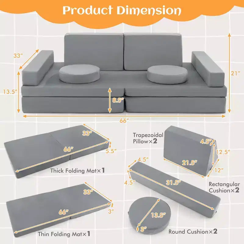 Costway Canapé de jeu 10 pièces pour enfants, ensemble modulaire pliable en mousse, canapé convertible, jeux pour tout-petits Bleu/Gris/Vert