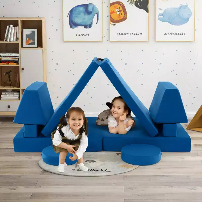 Costway Canapé de jeu 10 pièces pour enfants, ensemble modulaire pliable en mousse, canapé convertible, jeux pour tout-petits Bleu/Gris/Vert