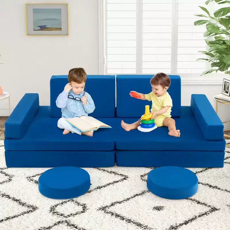 Costway Canapé de jeu 10 pièces pour enfants, ensemble modulaire pliable en mousse, canapé convertible, jeux pour tout-petits Bleu/Gris/Vert