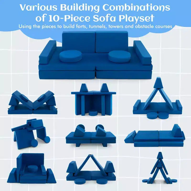 Costway Canapé de jeu 10 pièces pour enfants, ensemble modulaire pliable en mousse, canapé convertible, jeux pour tout-petits Bleu/Gris/Vert