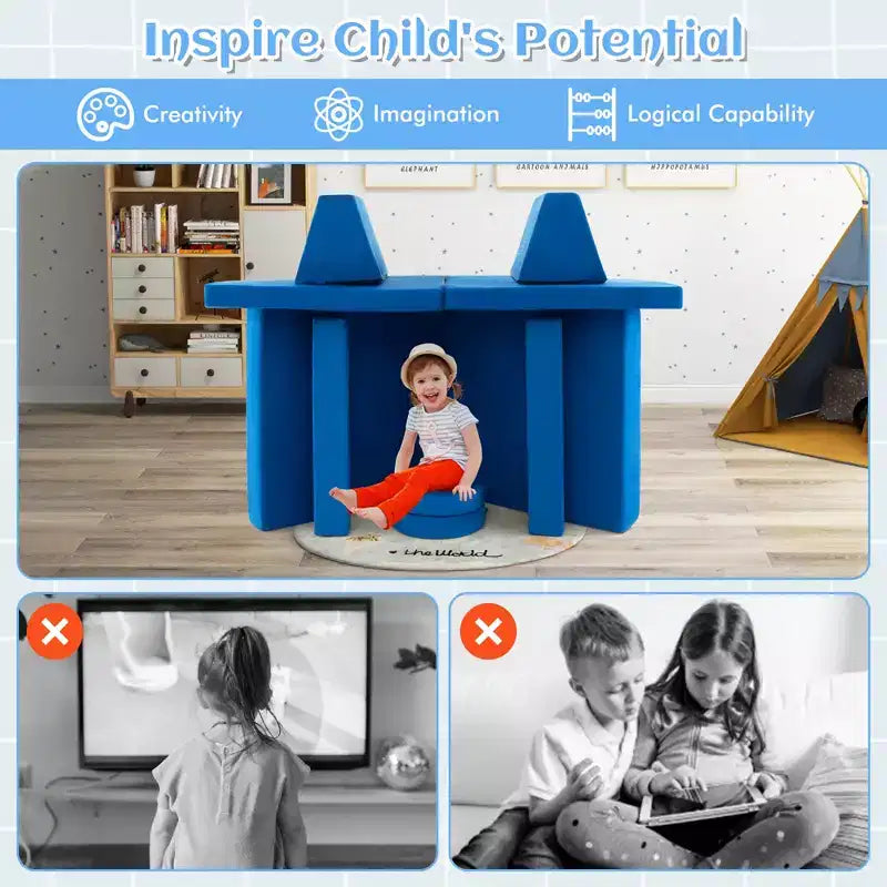 Costway Canapé de jeu 10 pièces pour enfants, ensemble modulaire pliable en mousse, canapé convertible, jeux pour tout-petits Bleu/Gris/Vert