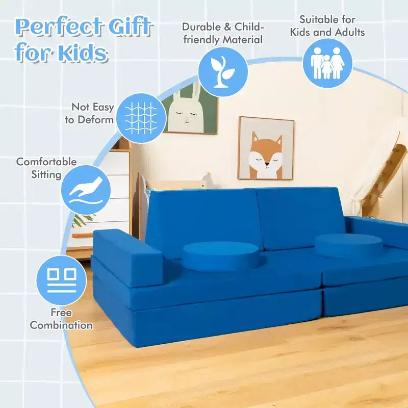 Costway Canapé de jeu 10 pièces pour enfants, ensemble modulaire pliable en mousse, canapé convertible, jeux pour tout-petits Bleu/Gris/Vert