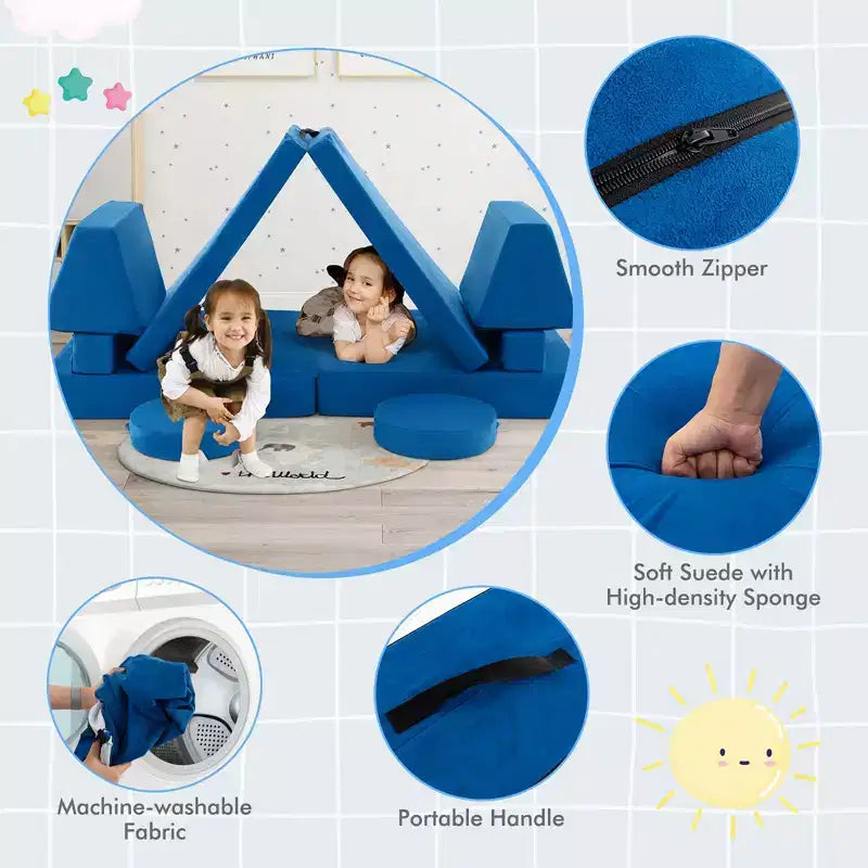 Costway Canapé de jeu 10 pièces pour enfants, ensemble modulaire pliable en mousse, canapé convertible, jeux pour tout-petits Bleu/Gris/Vert