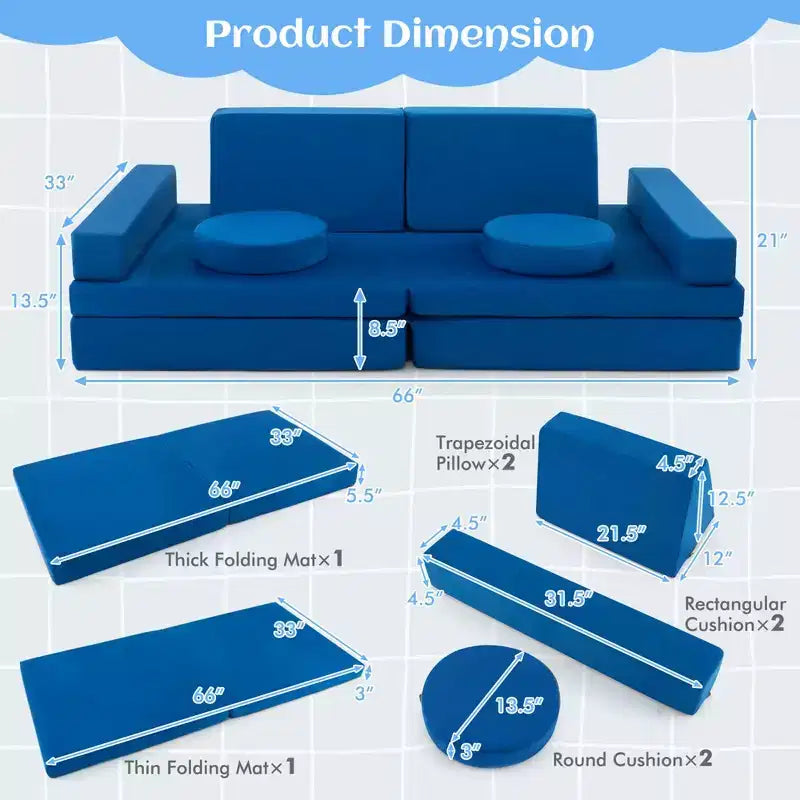 Costway Canapé de jeu 10 pièces pour enfants, ensemble modulaire pliable en mousse, canapé convertible, jeux pour tout-petits Bleu/Gris/Vert