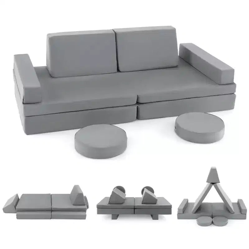 Costway Canapé de jeu 10 pièces pour enfants, ensemble modulaire pliable en mousse, canapé convertible, jeux pour tout-petits Bleu/Gris/Vert