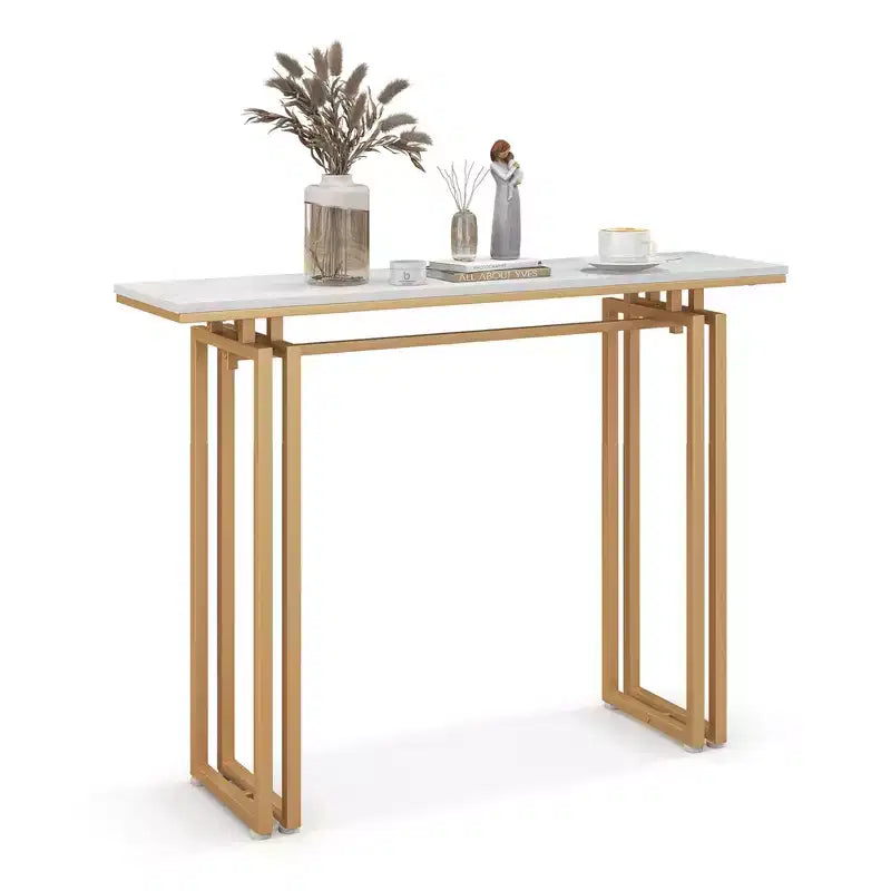 Costway 43.5'' Console Table Faux Marble Entryway Sofa Table with Metal Legs Living Room Black/Gold