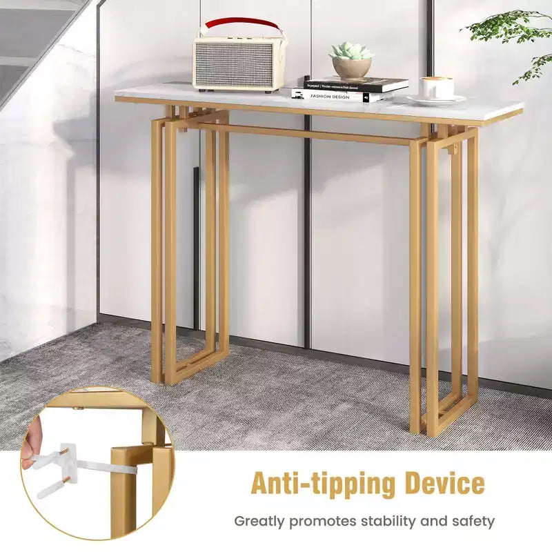 Table console Costway de 110,5 cm, table de canapé d'entrée en faux marbre avec pieds en métal pour salon Noir/Or
