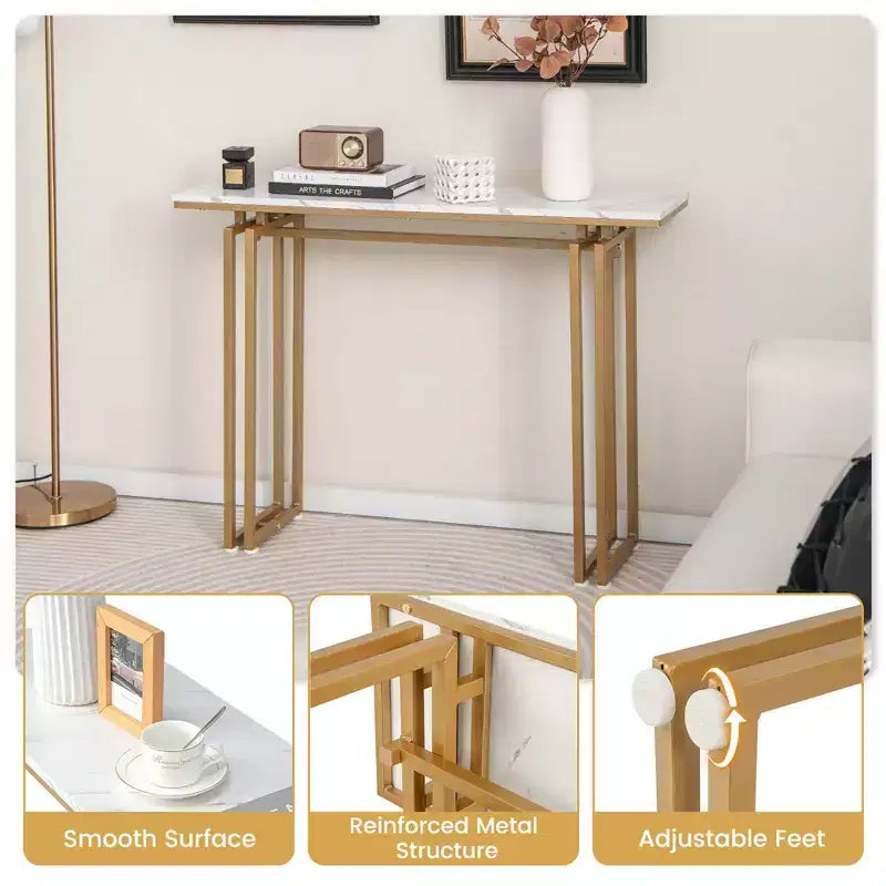 Table console Costway de 110,5 cm, table de canapé d'entrée en faux marbre avec pieds en métal pour salon Noir/Or