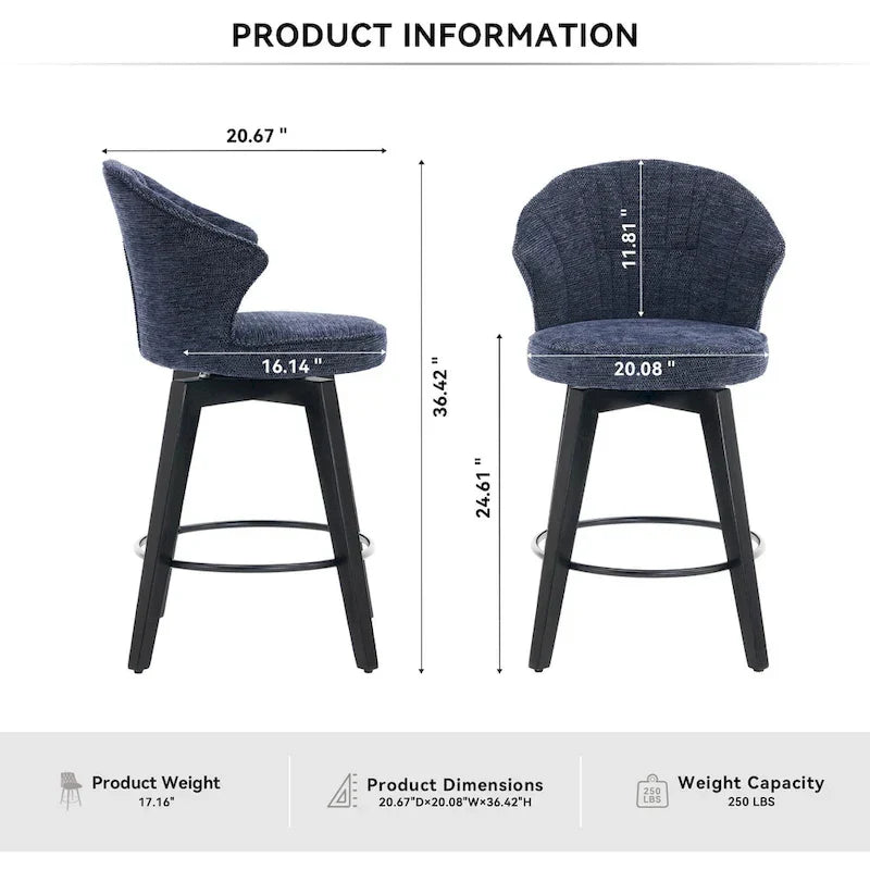 Lot de 2 tabourets de bar pivotants, chaises de salle à manger rembourrées avec large dossier, chaises de hauteur comptoir avec pieds en métal