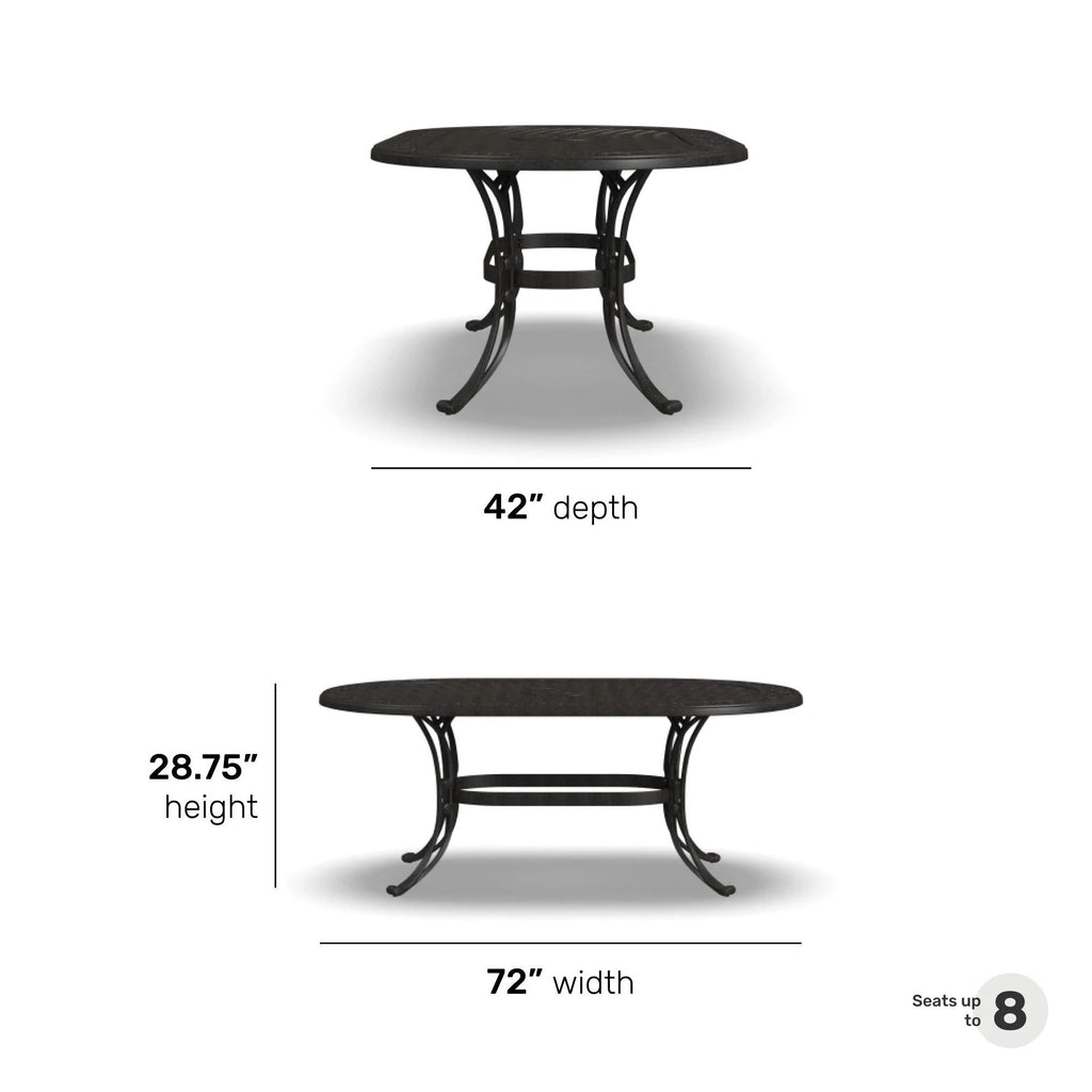 Ensemble de salle à manger d'extérieur 7 pièces en aluminium bronze Sanibel avec table à manger ovale de 72 et six fauteuils par Homestyles