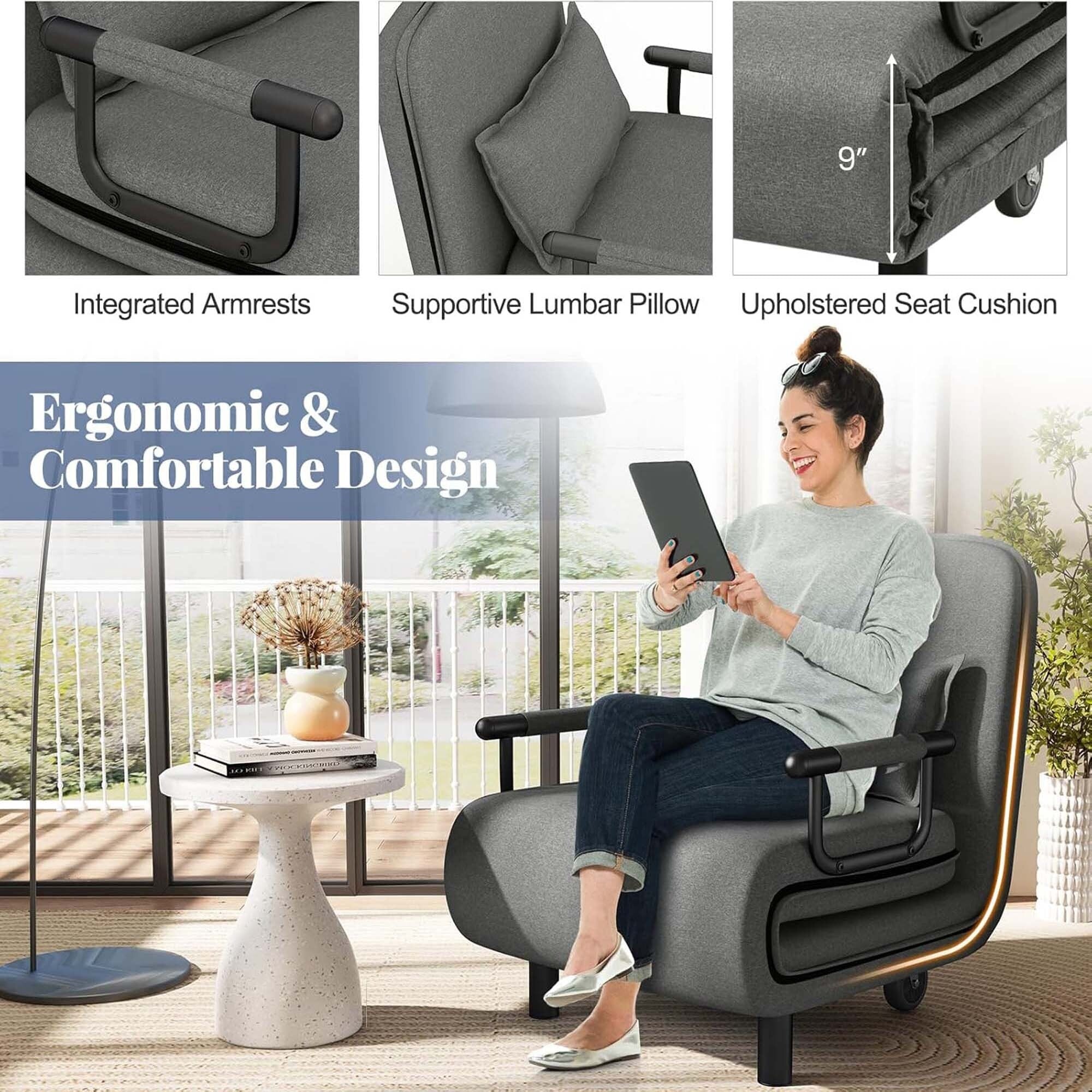 Chaise Longue Pliante Convertible en Lit Canapé avec Dossier Réglable