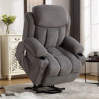 Fauteuil inclinable électrique gris avec massage chauffant, chargement USB, télécommande et poches latérales pratiques pour les personnes âgées
