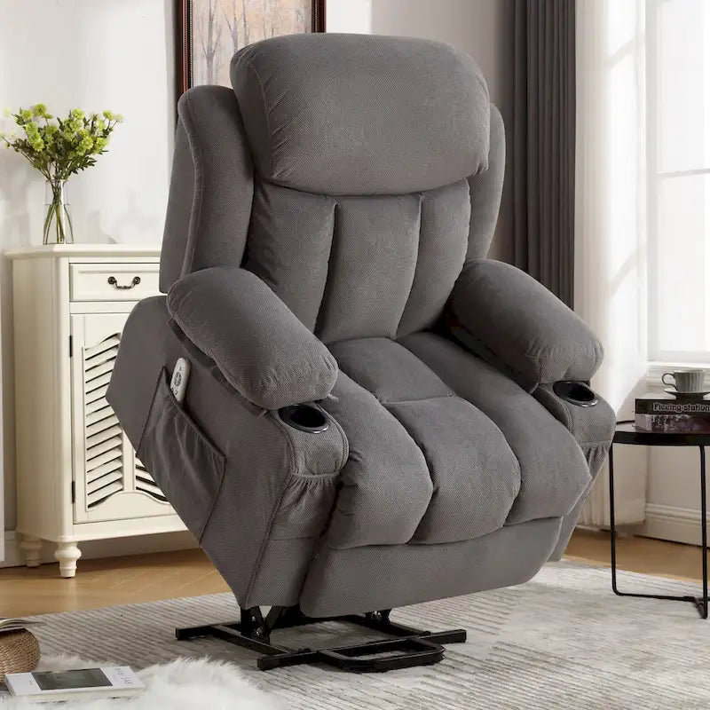 Fauteuil inclinable électrique gris avec massage chauffant, chargement USB, télécommande et poches latérales pratiques pour les personnes âgées