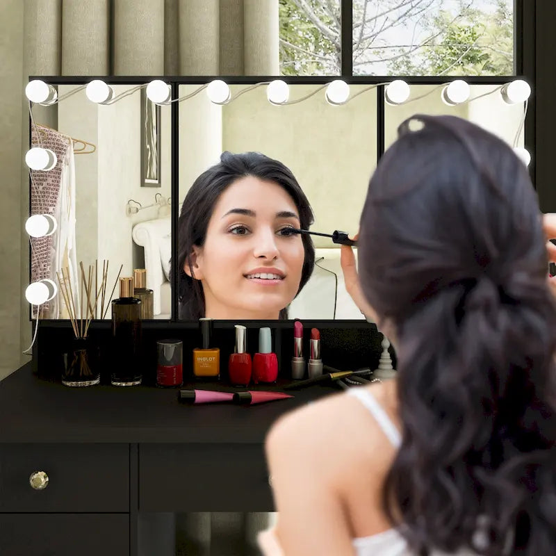Coiffeuse LED de luxe avec 9 tiroirs, station de maquillage élégante