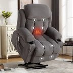 Fauteuil inclinable électrique gris avec massage chauffant, chargement USB, télécommande et poches latérales pratiques pour les personnes âgées