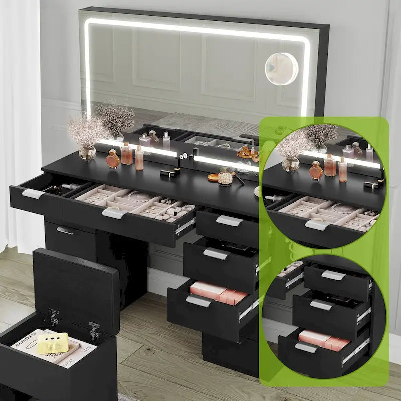 Moasis 46 Coiffeuse avec prise intégrée, miroir éclairé et support pour sèche-cheveux – 55,8 H x 46 L x 11,7 P