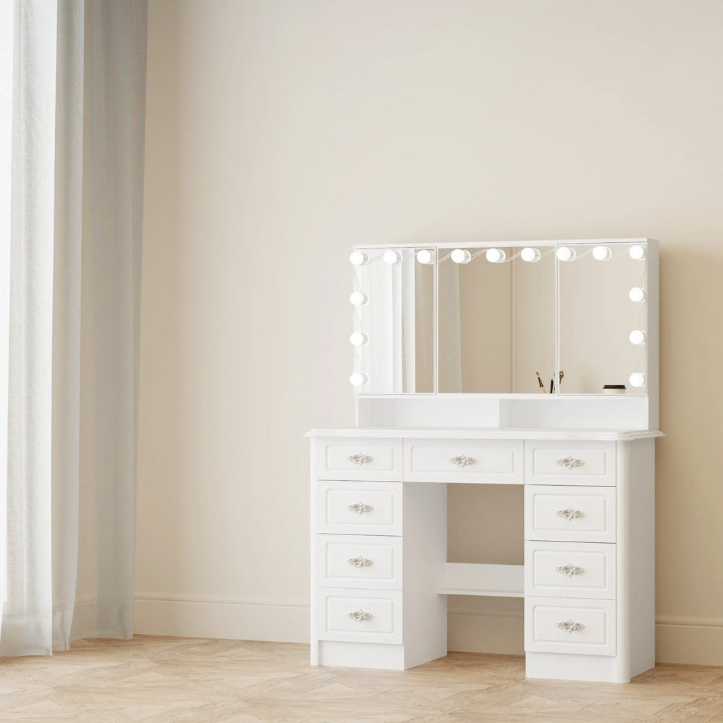 Coiffeuse moderne blanche avec miroir pliable éclairage réglable - 102,1 x 137,4 cm