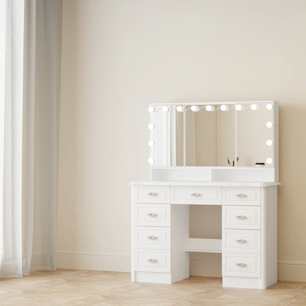 Coiffeuse moderne blanche avec miroir pliable éclairage réglable - 102,1 x 137,4 cm